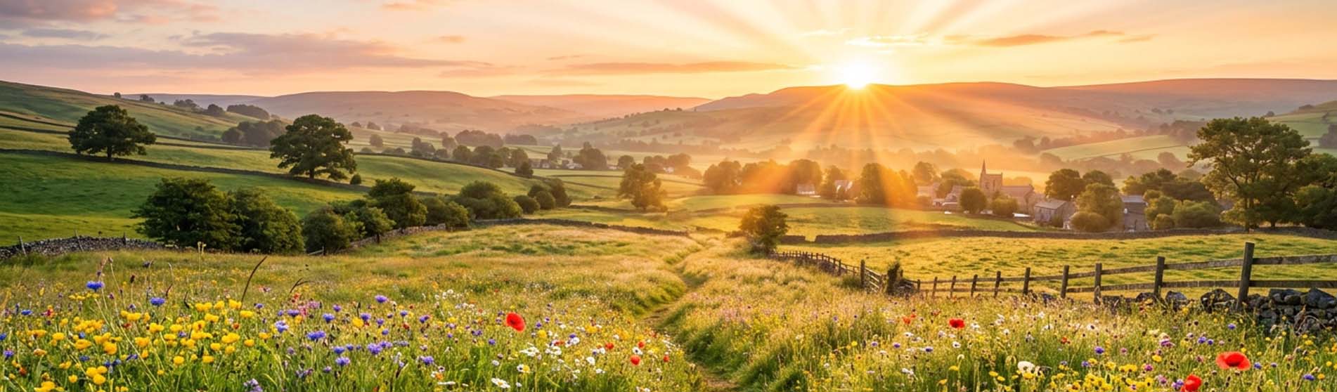 A relaxing image of the sun rising over the hills and acrosss the wild flower meadows - Maria Green Hypnotherapy